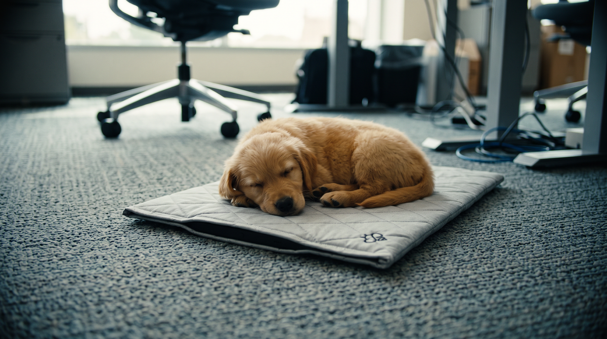 Small dog resting in a covered bed beside an office desk