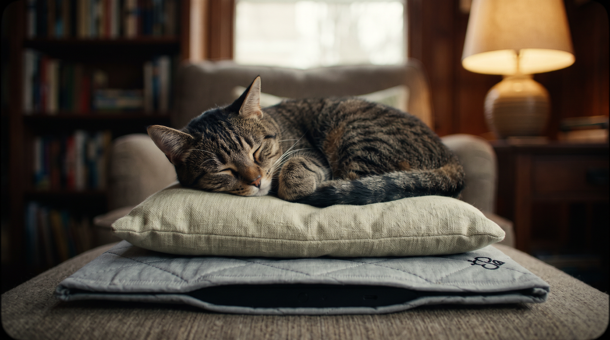 Cat resting on a cushion in a quiet reading nook